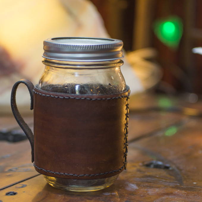 Rugged Leather and Glass Mason Jar Travel Mug